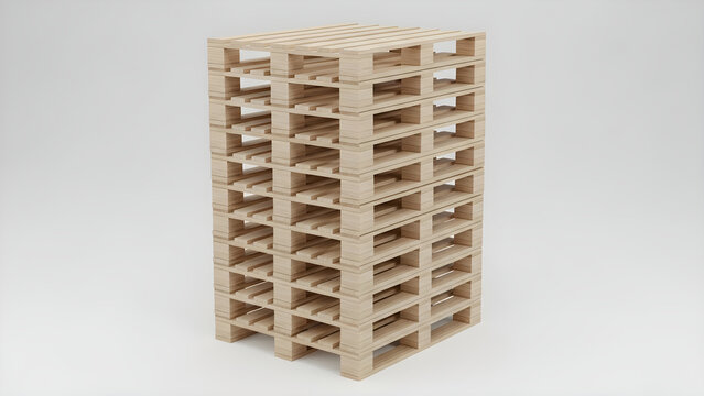 Vertical Stack of New Natural Wooden Shipping Pallets Isolated on White Background for Logistics and Warehouse Storage Management Concepts