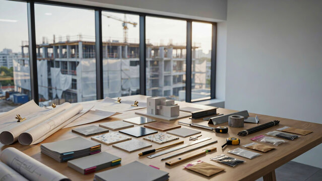 Wide editorial view of an architectural workspace featuring material samples and blueprints with a large building construction site visible outside