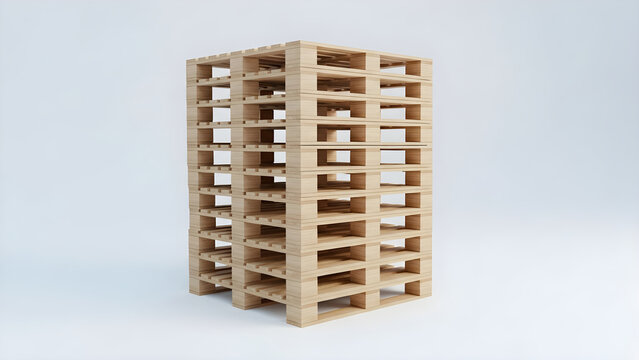 A vertical stack of wooden shipping pallets isolated on a clean white background for industrial logistics and storage warehouse supply concepts