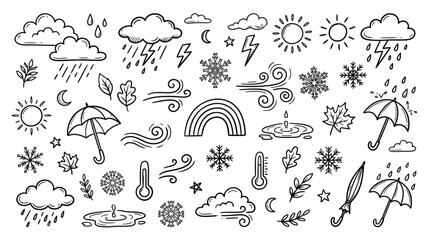 Fototapeta premium Handdrawn weather icons set featuring sun clouds rain snow wind and umbrellas.