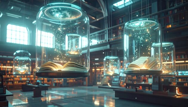 Futuristic laboratory interior with glass containers.