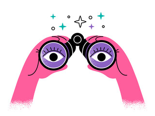 Fototapeta premium concept of observation and search. Hands holding binoculars, eyes looking through the lenses and observing. bright flat drawing with texture