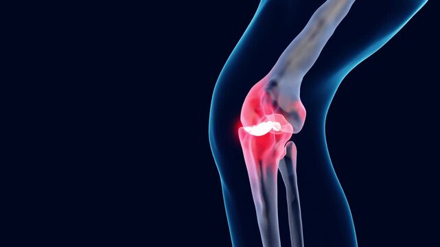 Knee Arthritis or Knee Pain Concept. Arthritis, Rheumatism, Bones Pain, Radiology, Joint Inflammation. Leg Bones with Red Inflammation Glow at Joint Area on Blue Background. 4K 3D Video Animation