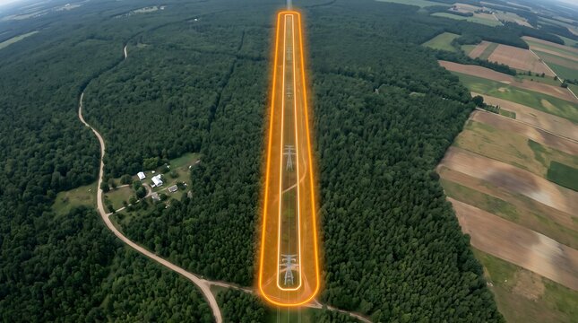Conceptual 3D rendering showing a GIS, Buffer zone around an airfield runway in a forest