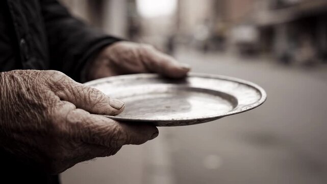Weathered hands of an elderly person holding an empty metal plate on a street, symbolizing poverty and hunger.