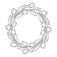 Obraz premium Black and white tulip flower wreath line art