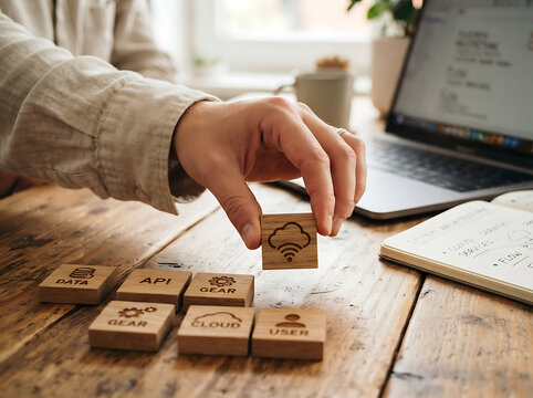 Person placing wooden blocks on a table
