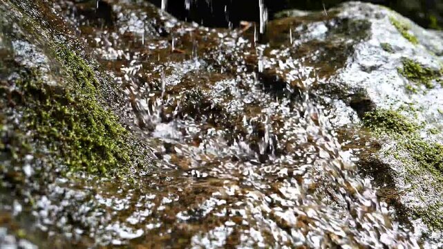 Close-Up of Clear Mountain Stream Water Flowing Over Mossy Rocks