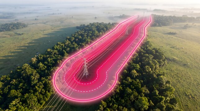 GIS Spatial Analysis Showing a Geographic Buffer Zone Over High Voltage Power Lines and Forest Terrain