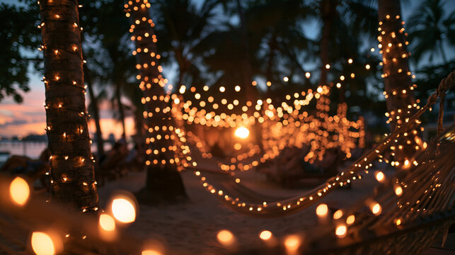 Warm String Lights on Palm Trees at Tropical Beach Resort