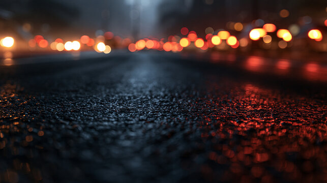 Wet Asphalt Road at Night with Blurred City Traffic Lights