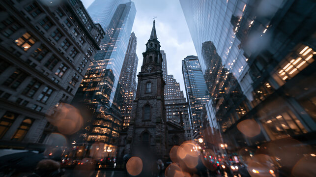 Historic Church Tower Surrounded by Modern City Skyscrapers