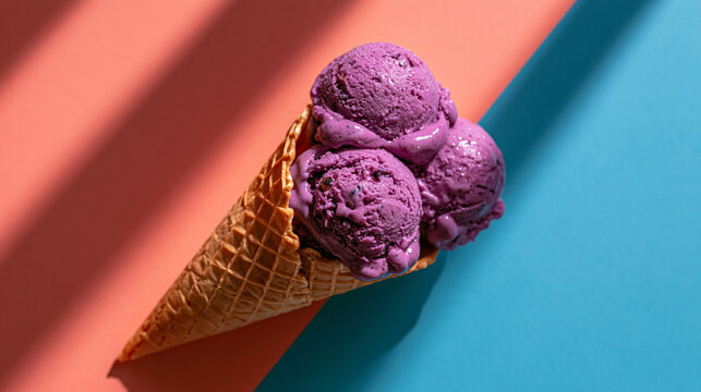 Purple Ice Cream Cone on Colorful Two Tone Background