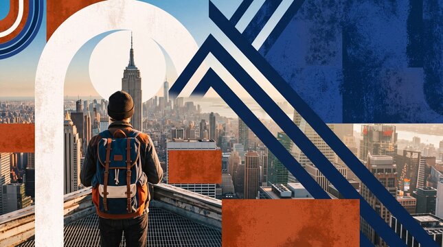 Traveler Overlooking New York City Skyline Graphic Collage