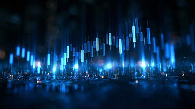 Glowing Blue Candlestick Stock Market Chart and Financial Data