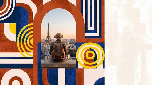 Traveler Overlooking Paris Eiffel Tower with Abstract Geometric Collage Frame