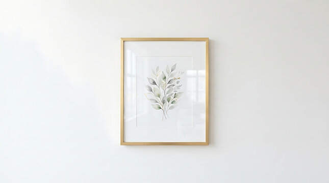 A minimalist interior photograph featuring a single framed botanical illustration centered on a plain white wall. 