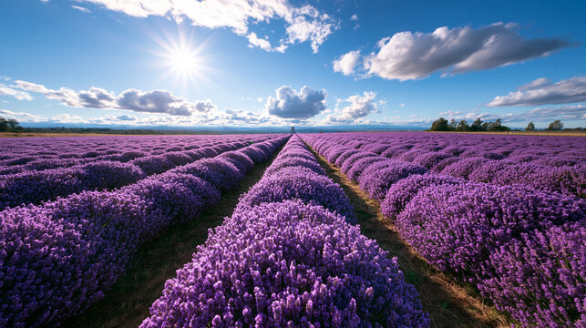 Blooming Purple Lavender Field Under Bright Sunny Summer Sky