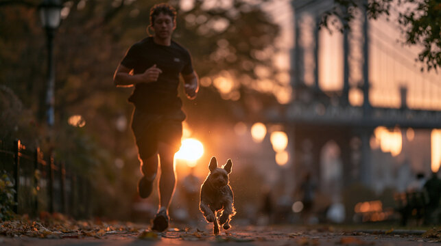 Man Jogging with His Dog in City Park at Sunrise