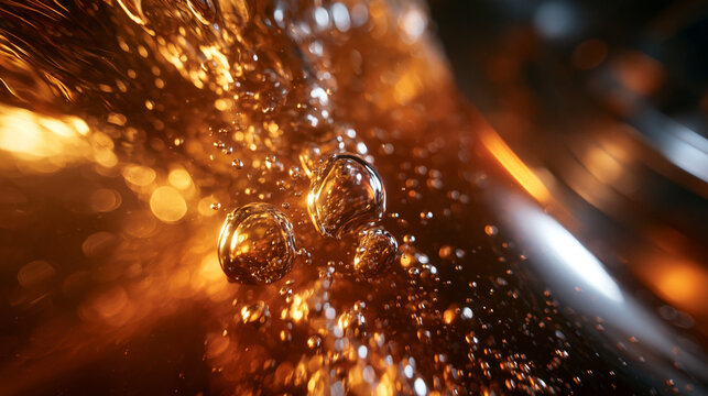Golden Amber Liquid with Bubbles Macro Close-Up