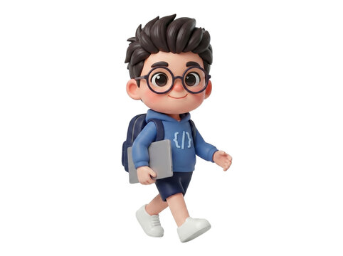 3D cartoon boy with glasses and backpack walking with a laptop