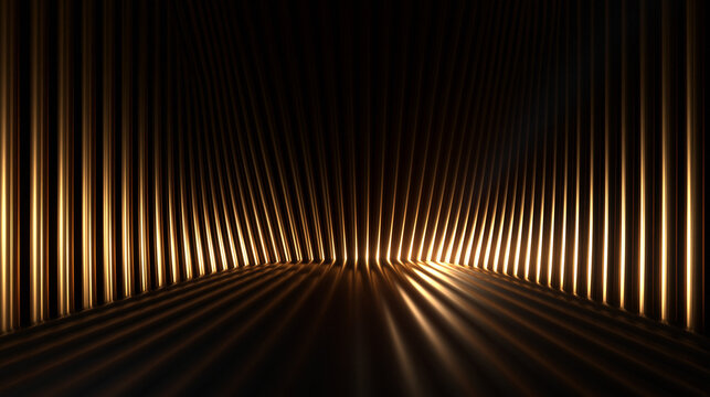 Abstract Golden Stage with Illuminated Pillars and Dramatic Shadows