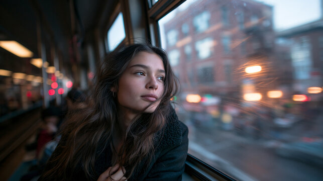 Pensive Young Woman Looking Out Window on Commuter Train
