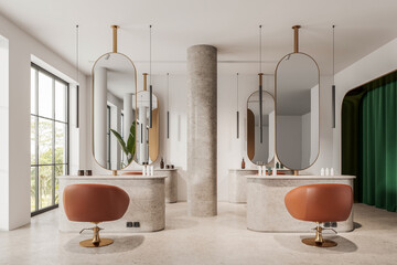 Fototapeta premium Modern salon interior with mirrored stations, columns, pendant lights on a bright neutral background, expressing luxury design. 3D Rendering