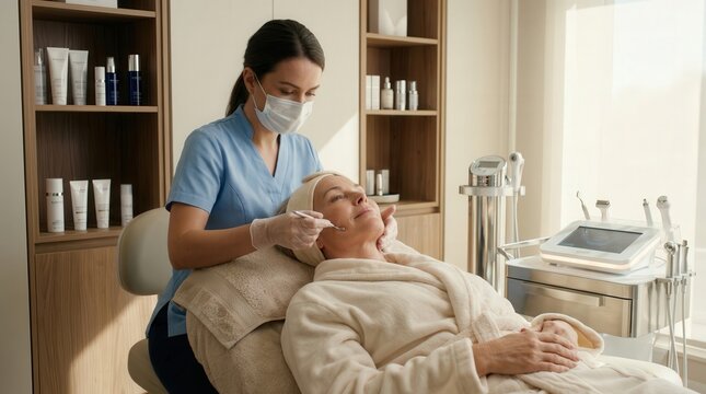 Masked cosmetologist performing professional facial treatment, spa marketing image