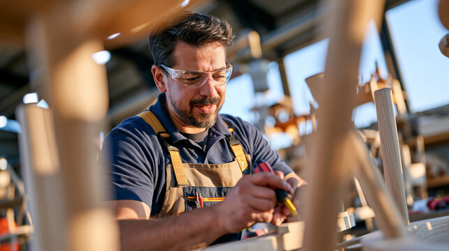 A cabinet maker's workshop at golden hour holds a child's eye view looking up at a master carpenter through a forest of chair legs, the lone craftsman working with quiet urban focus, the handmade fu