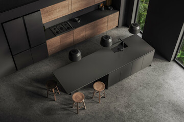 Fototapeta premium Modern kitchen interior with wood cabinetry and stone island, realistic 3D Rendering, on a textured floor background, showing refined design