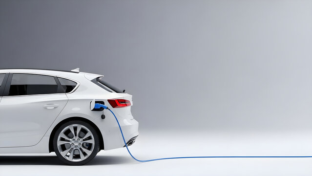 Modern white electric vehicle charging with a blue cable representing sustainable zero emission clean energy transportation for future mobility