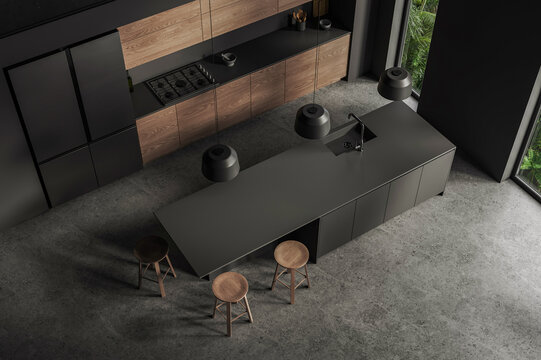 Modern kitchen interior with wood cabinetry and stone island, realistic 3D Rendering, on a textured floor background, showing refined design