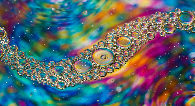 Macro Abstract of Colorful Oil Bubbles and Water Droplets on Vibrant Multicolored Surface