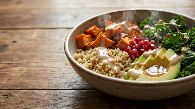 Nutritious buddha bowl with quinoa, avocado, and vegetables.