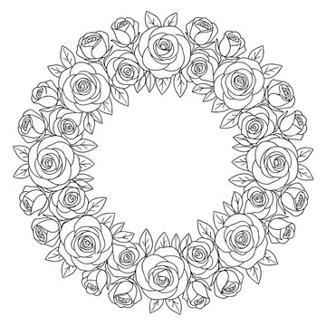 Black and white floral rose wreath outline