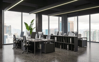 Fototapeta premium Modern office interior with desks, plants, and city views in realistic rendering style on a windowed background, conveying productivity. 3D Rendering