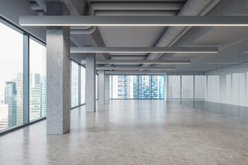 Fototapeta premium Modern office interior with concrete columns, glass walls, exposed ducts, and linear lights, 3D Rendering on a bright city background, concept