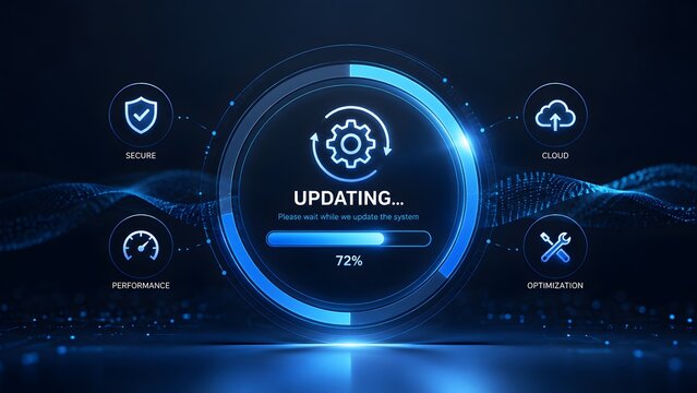 System software updating process on futuristic digital interface featuring glowing cloud security and performance optimization icons