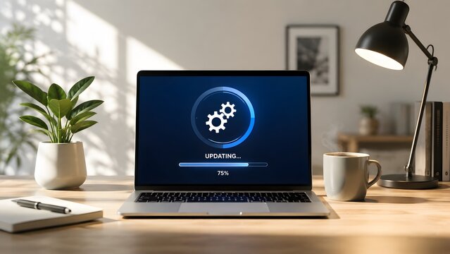 Laptop computer displaying system software updating process with gear icon and progress bar on screen in a modern home office workspace