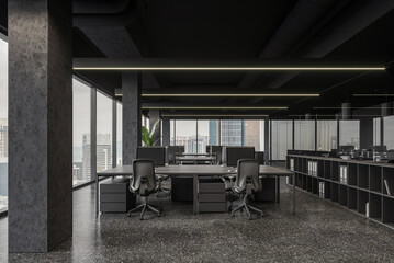Fototapeta premium Modern office interior with open desks, concrete columns, and city views in a sleek style on neutral background, conveying productivity. 3D Rendering