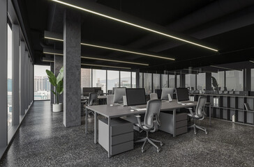 Fototapeta premium Modern office interior with minimalist style on city background, expressing productivity, collaboration, and contemporary architecture. 3D Rendering
