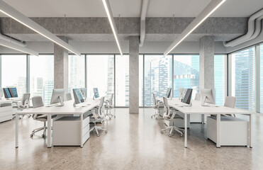 Fototapeta premium Modern office interior with white workstations, concrete columns, minimalist 3D Rendering, on panoramic city background, designed for productivity