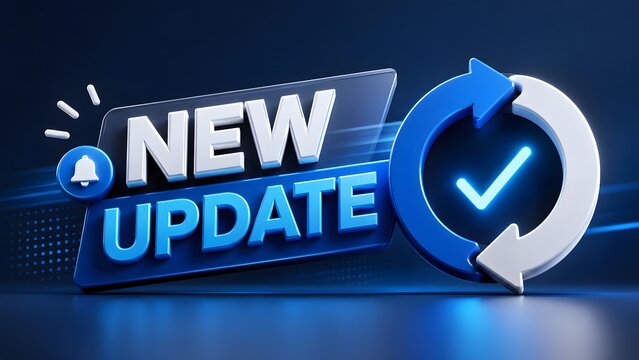 New update notification concept with 3D text glowing blue sync arrows and a tick mark on dark background