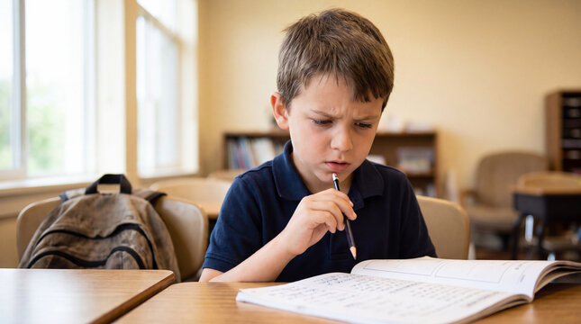 Focused young student holding pencil while thinking deeply about difficult school assignment in classroom