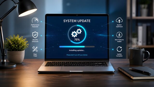 Laptop computer on desk displaying system software updating process with glowing performance optimization and security icons