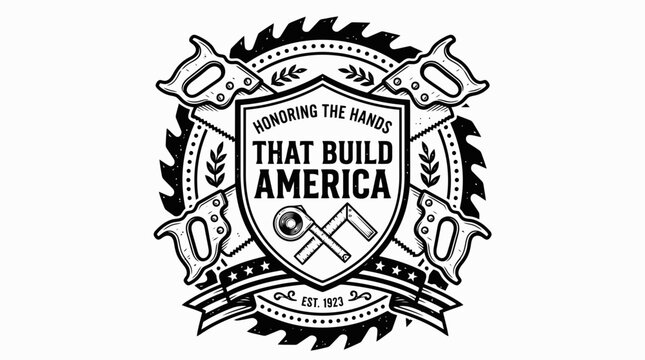 Carpentry badge with hand saws and tools, honoring craftsmanship and the builders of america