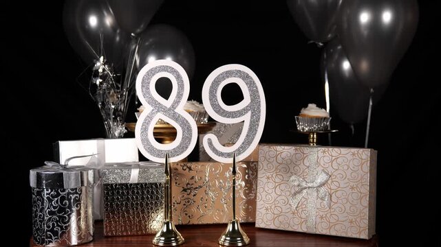 Silver Number 89 with Silver Glitter Sparkles with Gifts and Balloons and Cupcakes for Party Eighty Nine