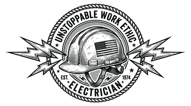 Hardhat badge design with lightning bolts and american flag featuring electrician, logo