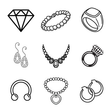 Set of black and white jewelry line art icons including diamond ring necklace and bracelet isolated on white background with transparent background style